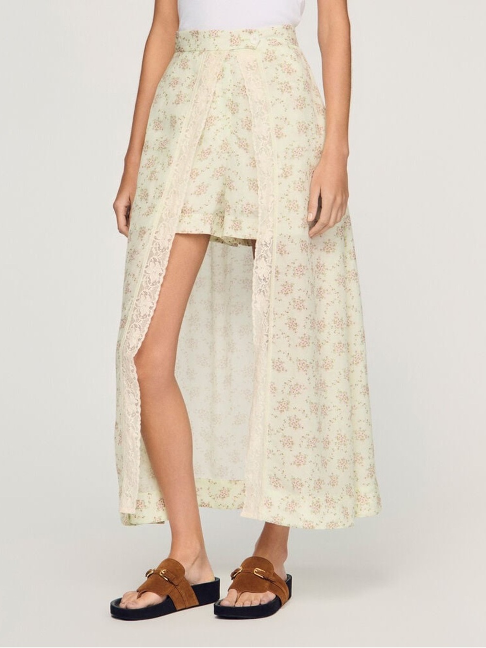 Sandro Cream Floral Lace-Trim High-Low Skirt
